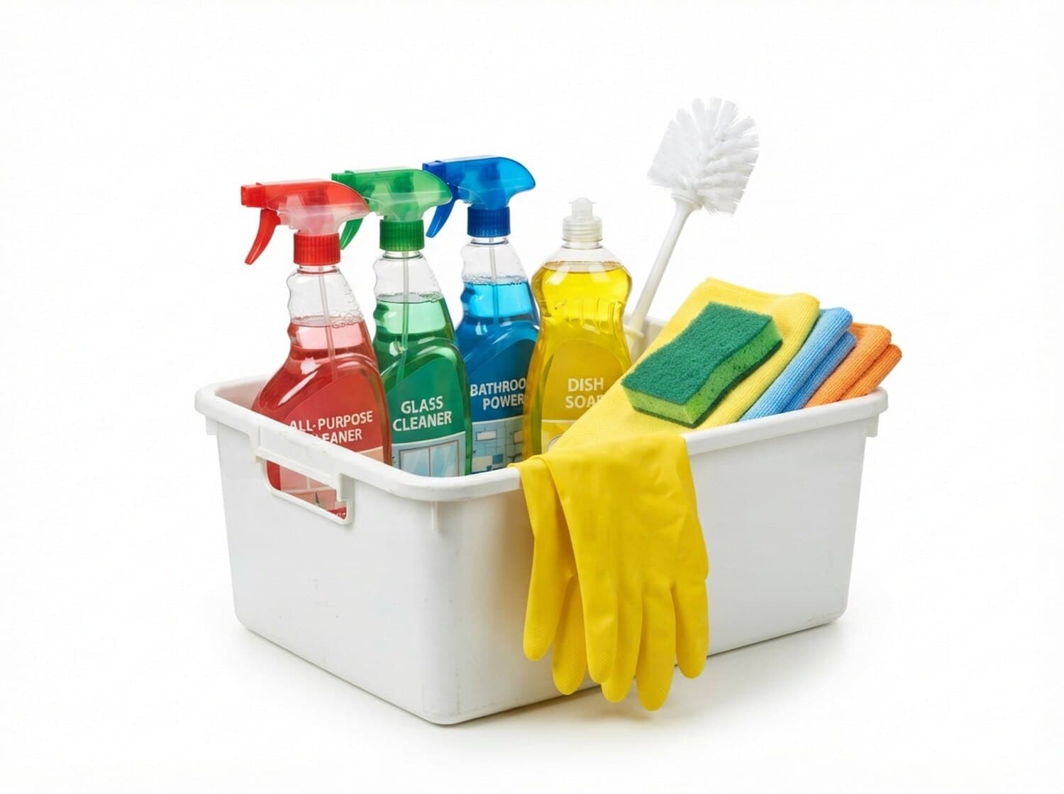 Caddy of cleaning sprays, rubber gloves, sponges and a brush