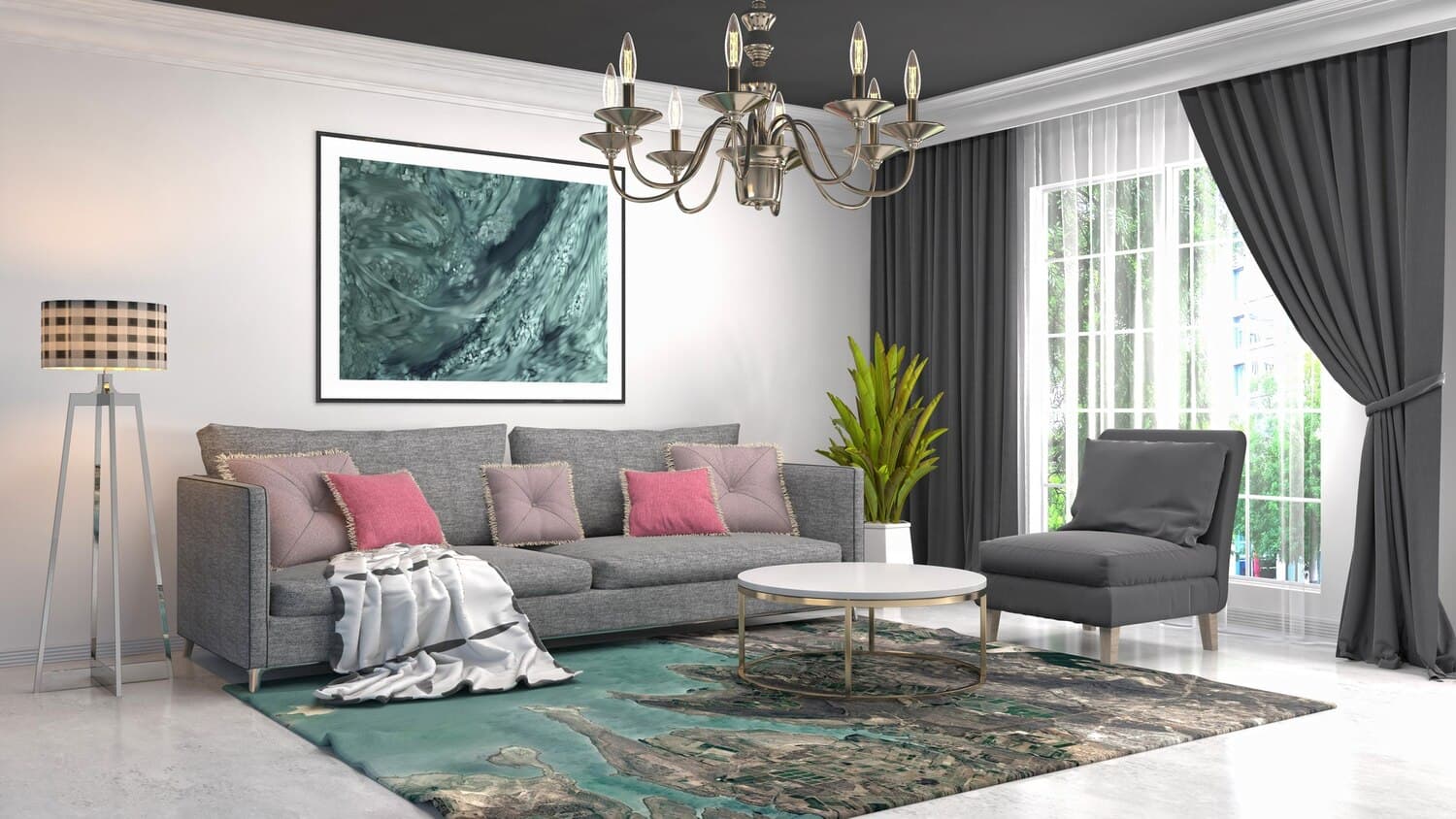 Living room with a grey sofa, patterned rug and chandelier